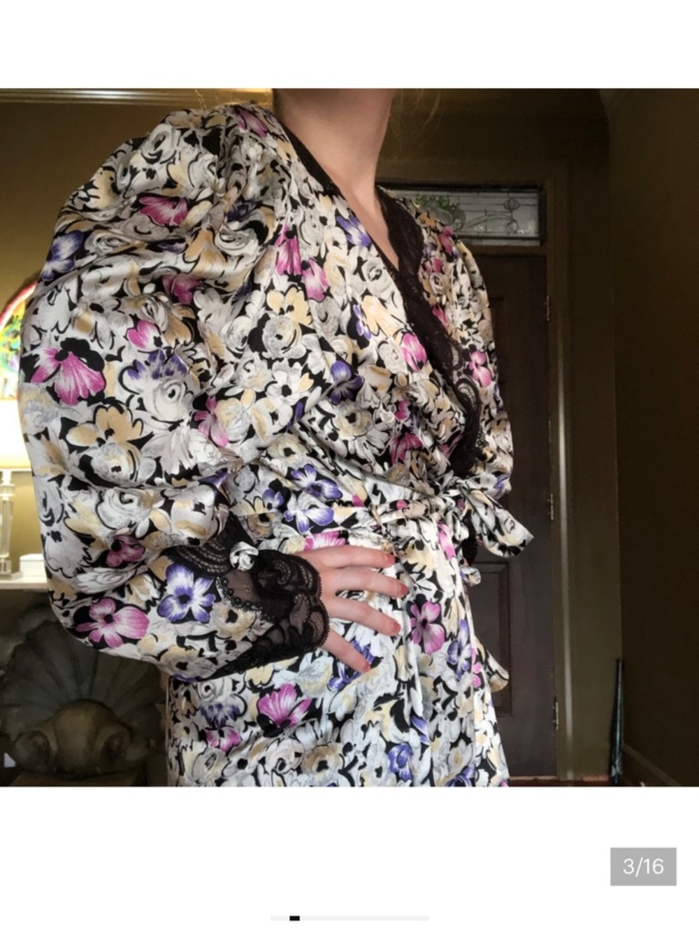 Dior Floral Wrap Robe with Black Lace Trim and Pink Accents - Picture 2 of 5